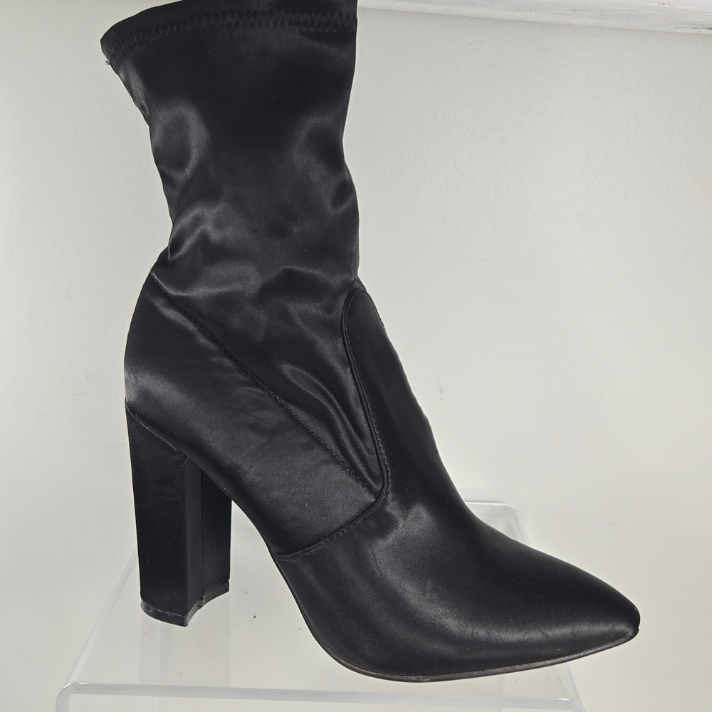 Charles Albert Robyn Black Satin Sock Boots Pointed Toe Block Heel Womens Size 7